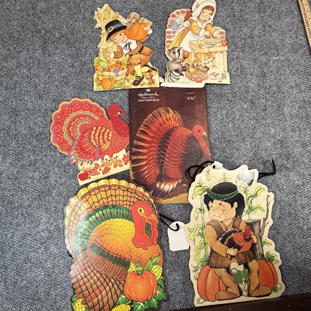 Lot Of 6 VTG Hallmark Thanksgiving Die Cut Cutouts, Gift Bags And Table Decor